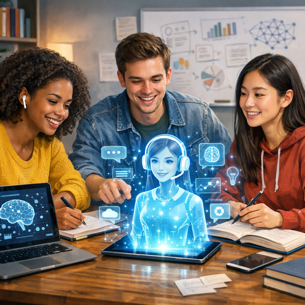 Étudiants révisant ensemble, illustrant l’apprentissage assisté par IA